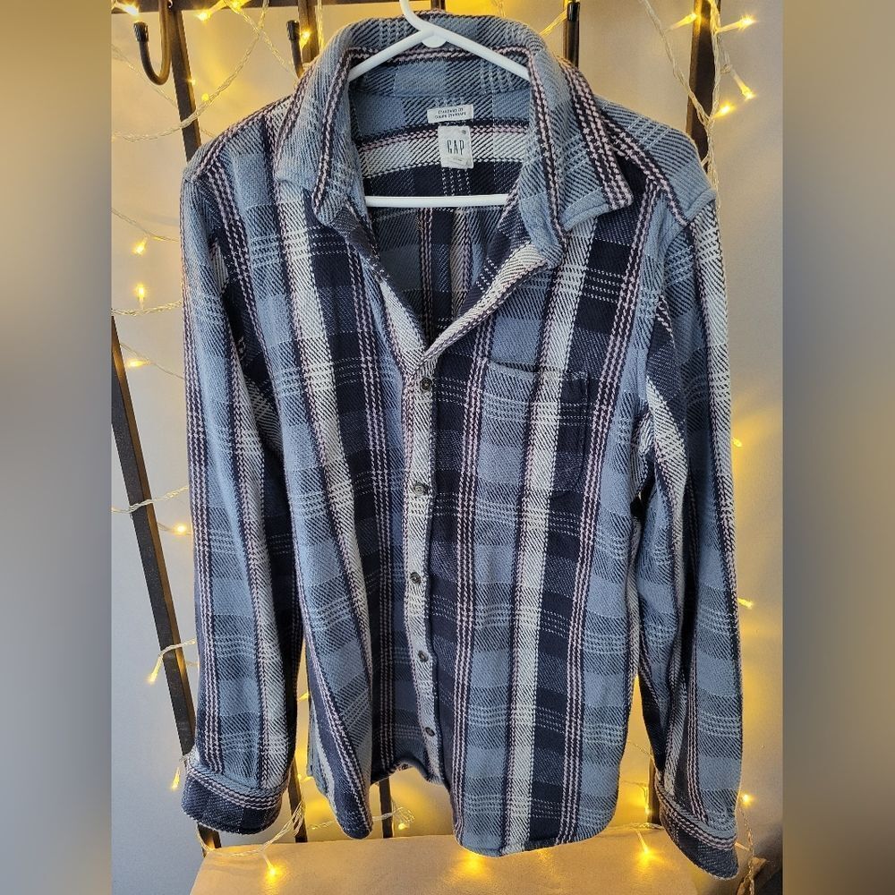 GAP Men's L Blue Plaid Linen Button Down Shirt Jacket